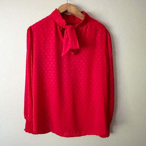 LOFT Red Mock Neck Tie Back‎ Long Sleeve Circle Jacquard Blouse women's size XL - Picture 6 of 10